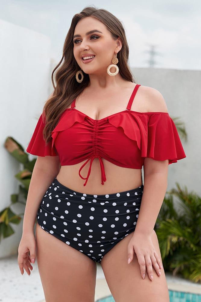 HN Women Plus Size 2pcs Set Swimsuit Padded Swim Tops+High Waist Ruched Briefs - Hanna Nikole#color_white-polka-dots