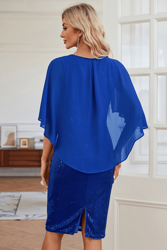 HN Chiffon Overlay Decorated Party Crew Neck Back Slit Bodycon Dress - Hanna Nikole