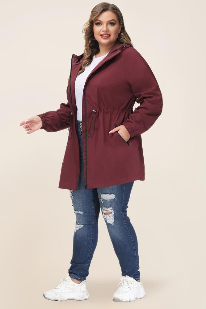 HN Women Plus Size Drawstring Waist Rain Coat Above Knee Hooded Rain Jacket - Hanna Nikole