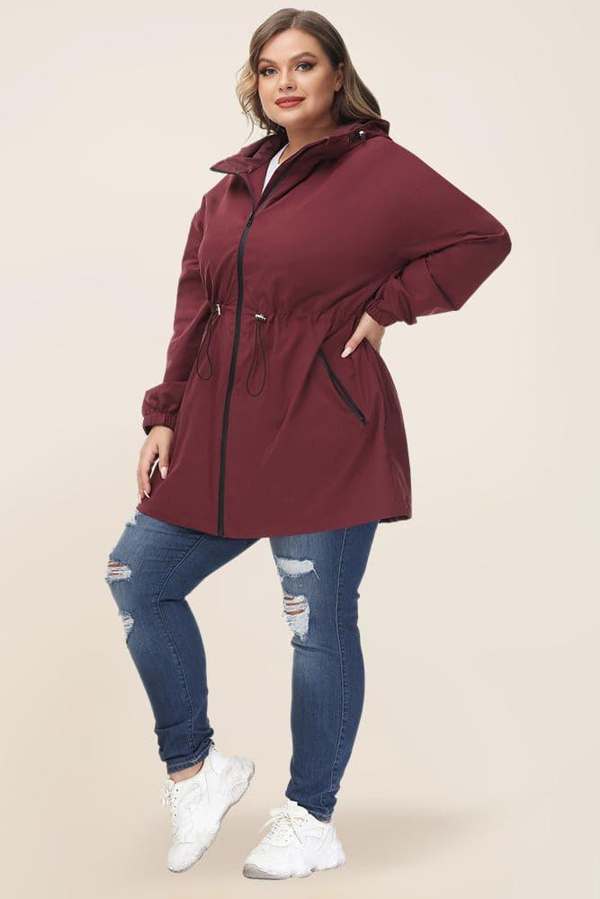 HN Women Plus Size Drawstring Waist Rain Coat Above Knee Hooded Rain Jacket - Hanna Nikole