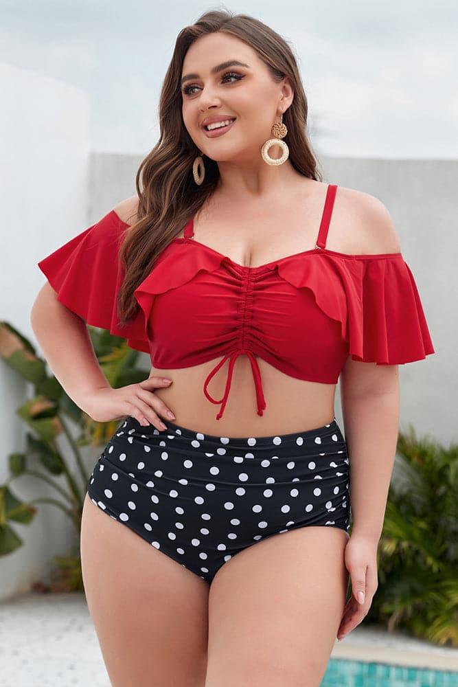 HN Women Plus Size 2pcs Set Swimsuit Padded Swim Tops+High Waist Ruched Briefs - Hanna Nikole#color_white-polka-dots