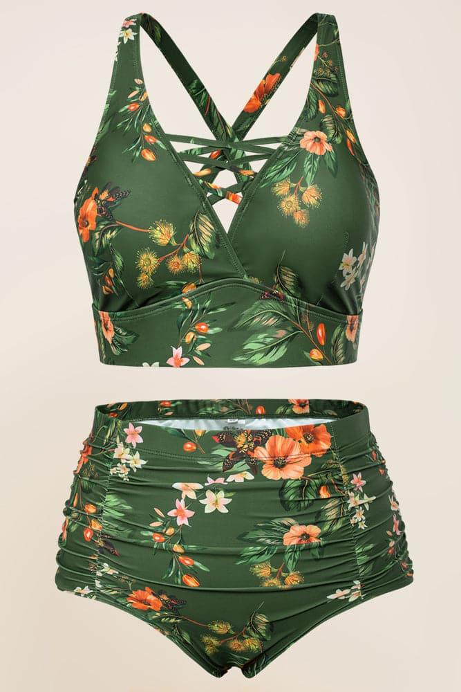 HN Women Plus Size 2pcs Set Swimsuit Cross Back Padded Tops+Ruched Briefs - Hanna Nikole