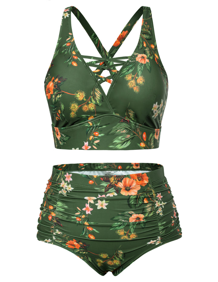 【SIZE Runs Small】 Hanna Nikole Bikini Sets for Women Plus Size Front Strappy Two Piece Bathing Suits High Waist Tummy Control Swimsuit