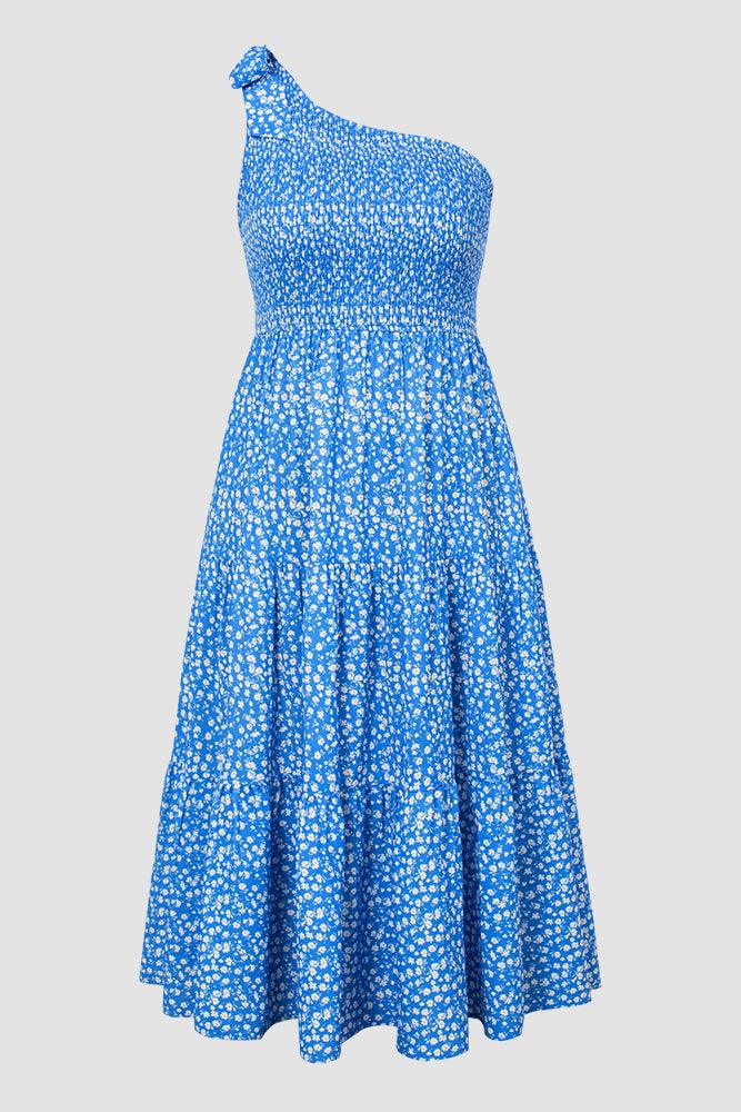 Women Plus Size Elastic Waist Midi Dress One-Shoulder A-Line Dress - Hanna Nikole#color_blue