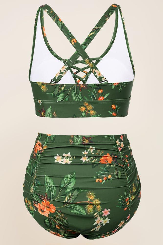 HN Women Plus Size 2pcs Set Swimsuit Cross Back Padded Tops+Ruched Briefs - Hanna Nikole