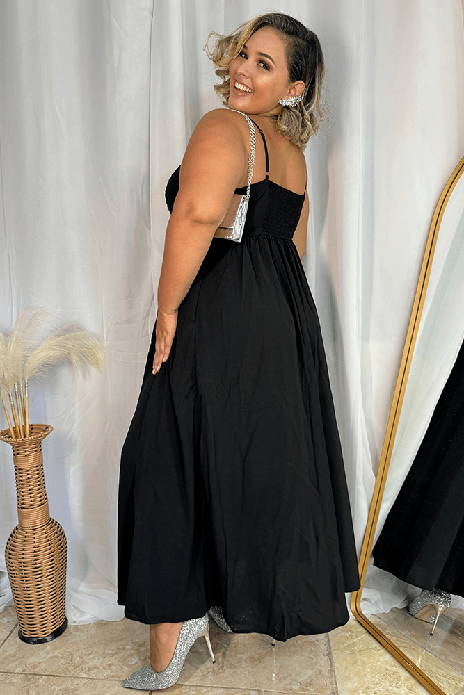 HN Black Plus Size V-Neck Maxi Dress Spaghetti Straps Ruched A-Line Dress - Hanna Nikole