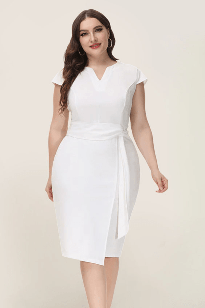 HN Women Plus Size V Neck Pencil Dress OL Cap Sleeve Back Slit