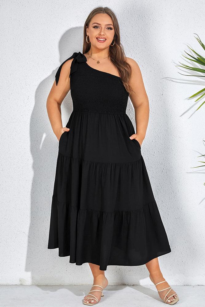 Women Plus Size Elastic Waist Midi Dress One-Shoulder A-Line Dress - Hanna Nikole#color_black