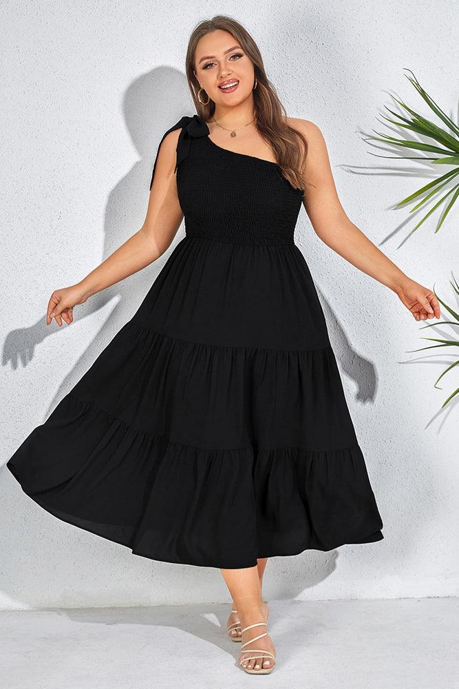 Women Plus Size Elastic Waist Midi Dress One-Shoulder A-Line Dress - Hanna Nikole#color_black