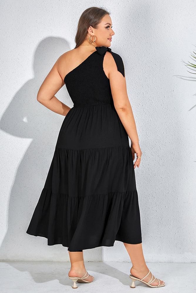 Women Plus Size Elastic Waist Midi Dress One-Shoulder A-Line Dress - Hanna Nikole#color_black
