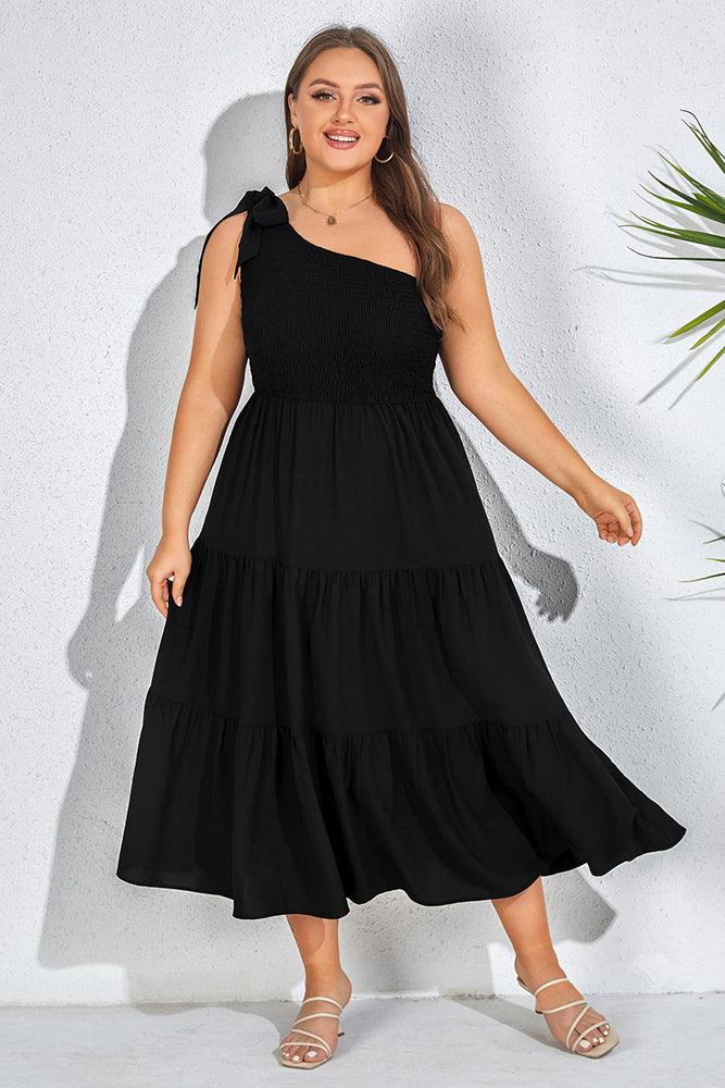 Women Plus Size Elastic Waist Midi Dress One-Shoulder A-Line Dress - Hanna Nikole#color_black