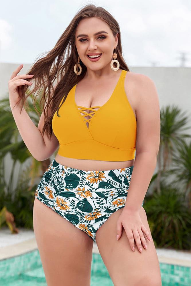 HN Women Plus Size 2pcs Set Swimsuit Cross Back Padded Tops+Ruched Briefs - Hanna Nikole