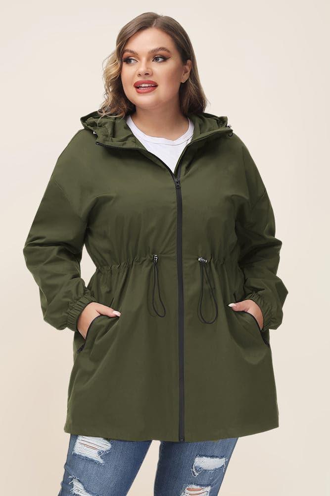 HN Women Plus Size Drawstring Waist Rain Coat Above Knee Hooded Rain Jacket - Hanna Nikole