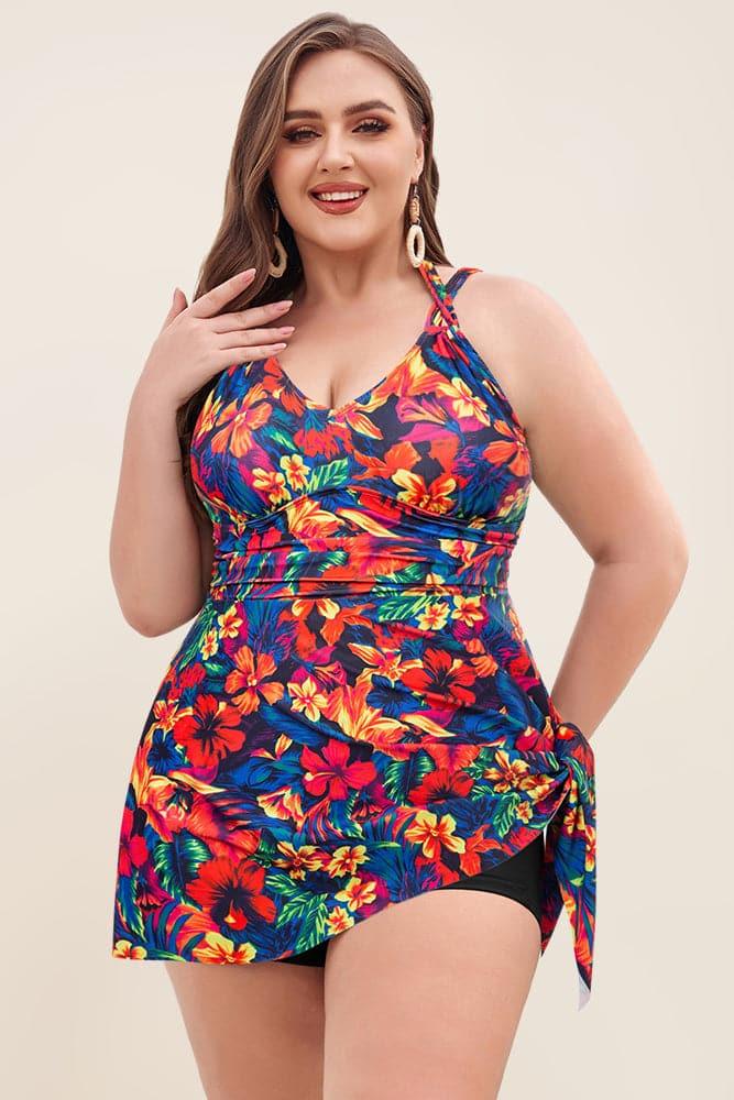 HN Women Plus Size 2pcs Set Irregular Hem Padded Dress+Briefs Swimwear - Hanna Nikole#color_colorful-flowers