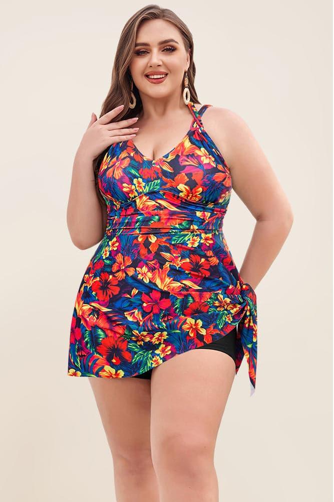 HN Women Plus Size 2pcs Set Irregular Hem Padded Dress+Briefs Swimwear - Hanna Nikole#color_colorful-flowers