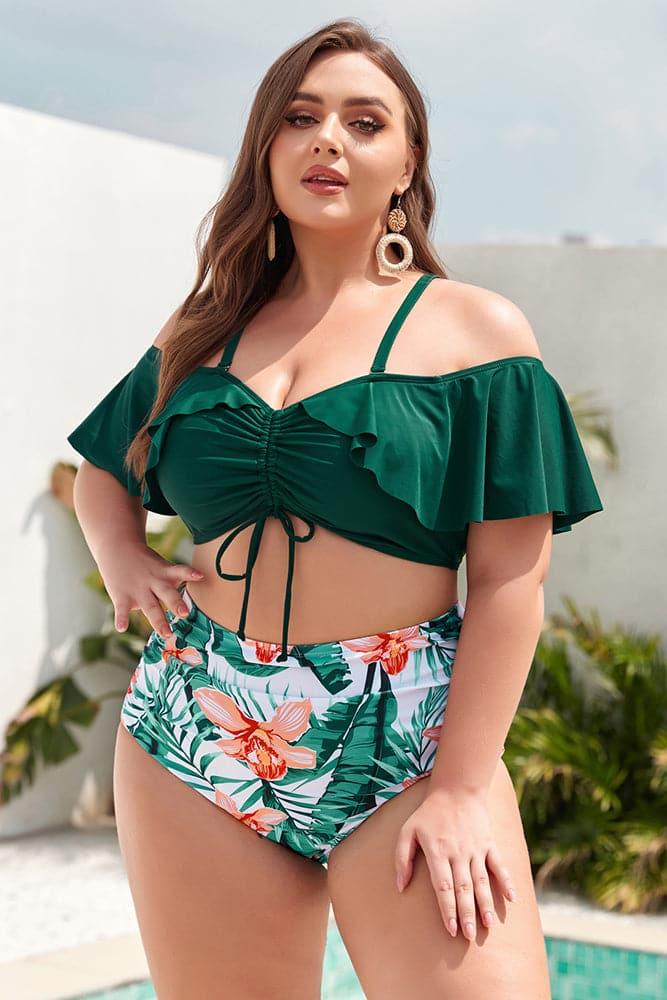 HN Women Plus Size 2pcs Set Swimsuit Padded Swim Tops+High Waist Ruched Briefs - Hanna Nikole#color_white-background-printing