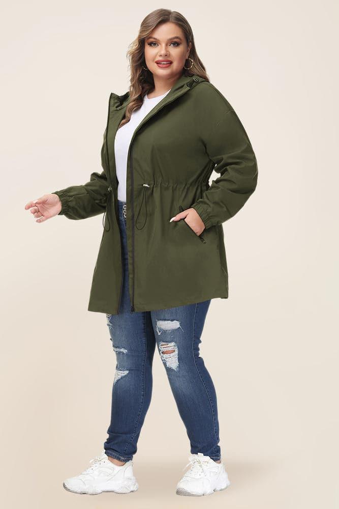 HN Women Plus Size Drawstring Waist Rain Coat Above Knee Hooded Rain Jacket - Hanna Nikole