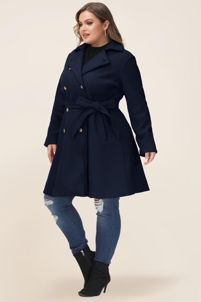 HN Double Breasted Overcoat with Belt Lapel Collar Peacoat - Hanna Nikole