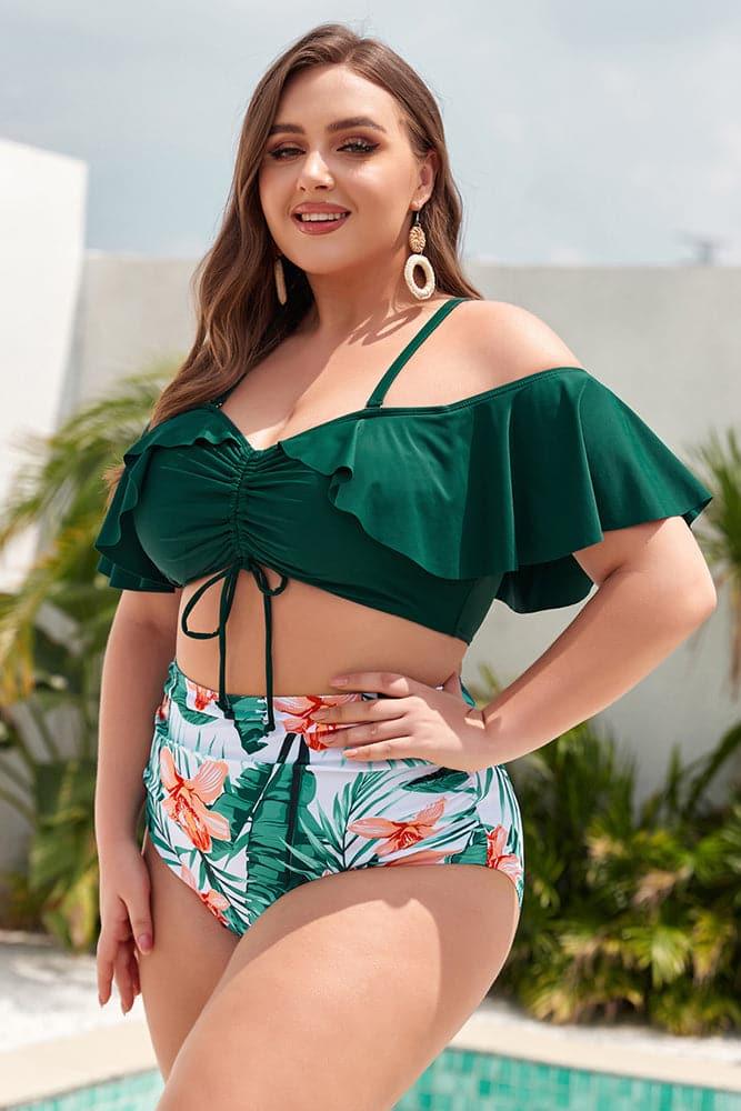 HN Women Plus Size 2pcs Set Swimsuit Padded Swim Tops+High Waist Ruched Briefs - Hanna Nikole#color_white-background-printing