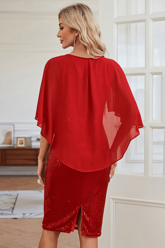 HN Chiffon Overlay Decorated Party Crew Neck Back Slit Bodycon Dress - Hanna Nikole