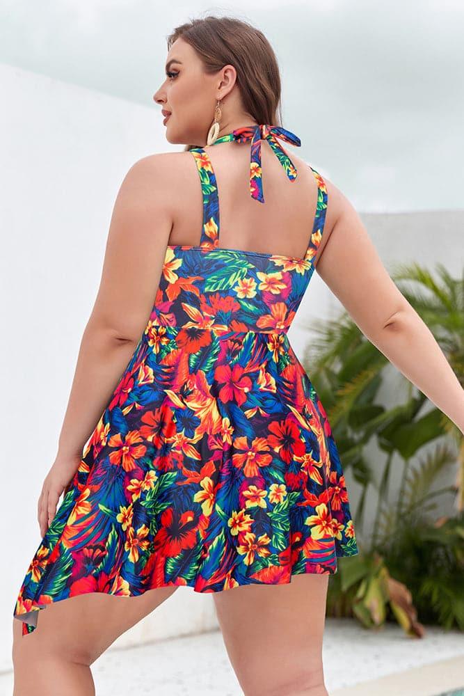 HN Women Plus Size 2pcs Set Irregular Hem Padded Dress+Briefs Swimwear - Hanna Nikole#color_colorful-flowers