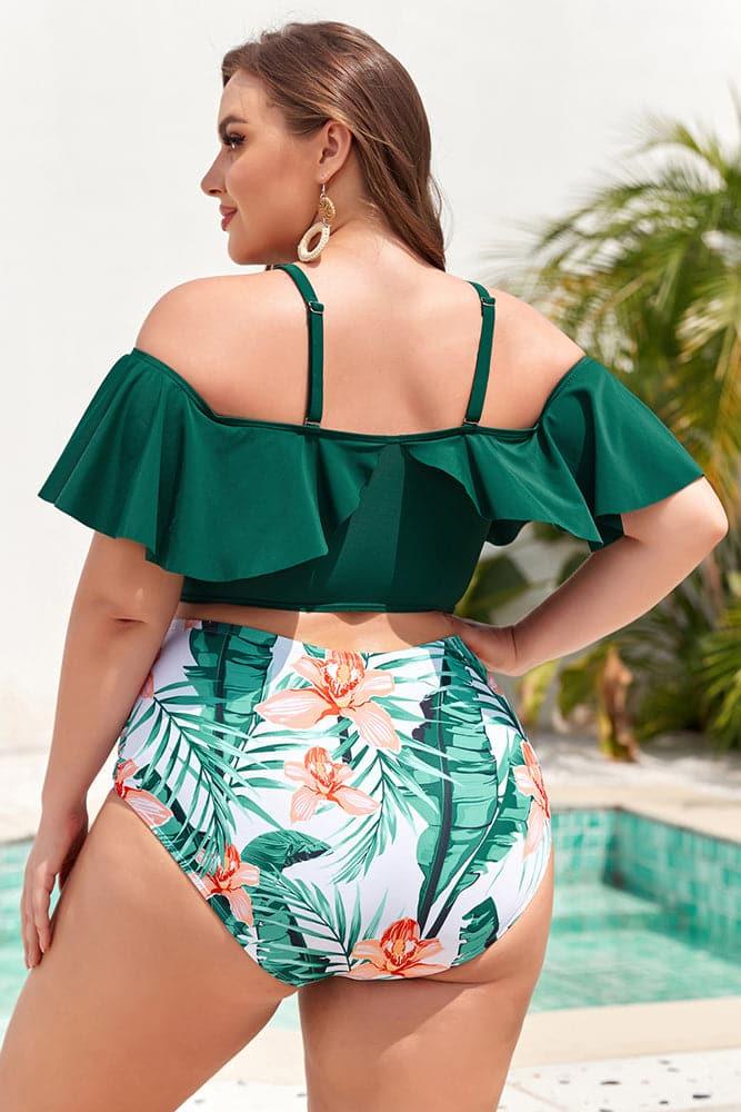 HN Women Plus Size 2pcs Set Swimsuit Padded Swim Tops+High Waist Ruched Briefs - Hanna Nikole#color_white-background-printing