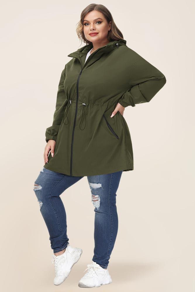 HN Women Plus Size Drawstring Waist Rain Coat Above Knee Hooded Rain Jacket - Hanna Nikole