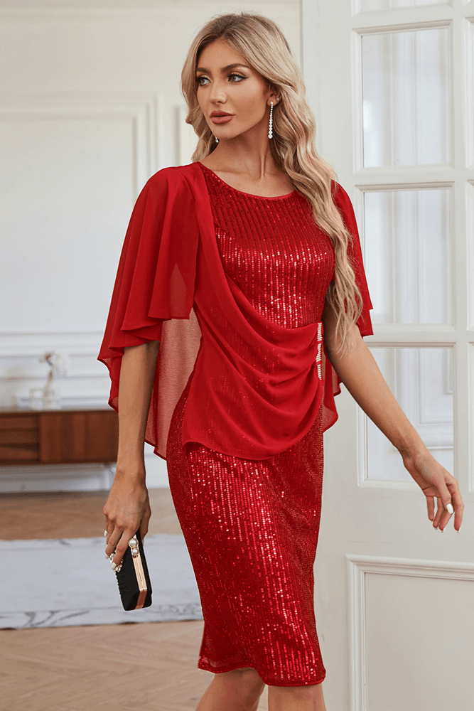 HN Chiffon Overlay Decorated Party Crew Neck Back Slit Bodycon Dress - Hanna Nikole