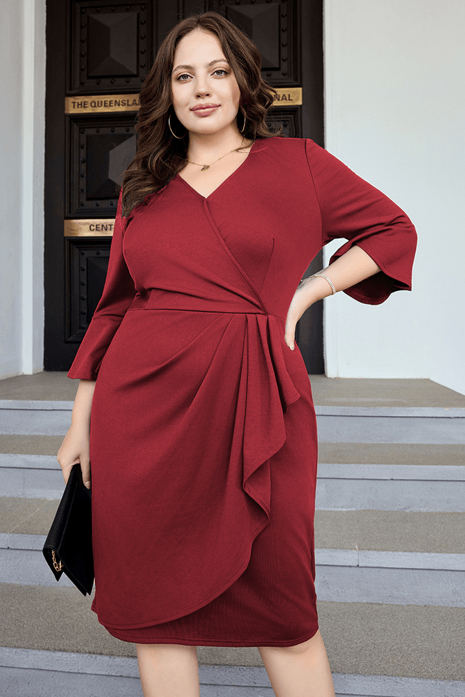 HN Overlay Decorated 3/4 Sleeve V-Neck Straight Dress - Hanna Nikole#color_dark-red