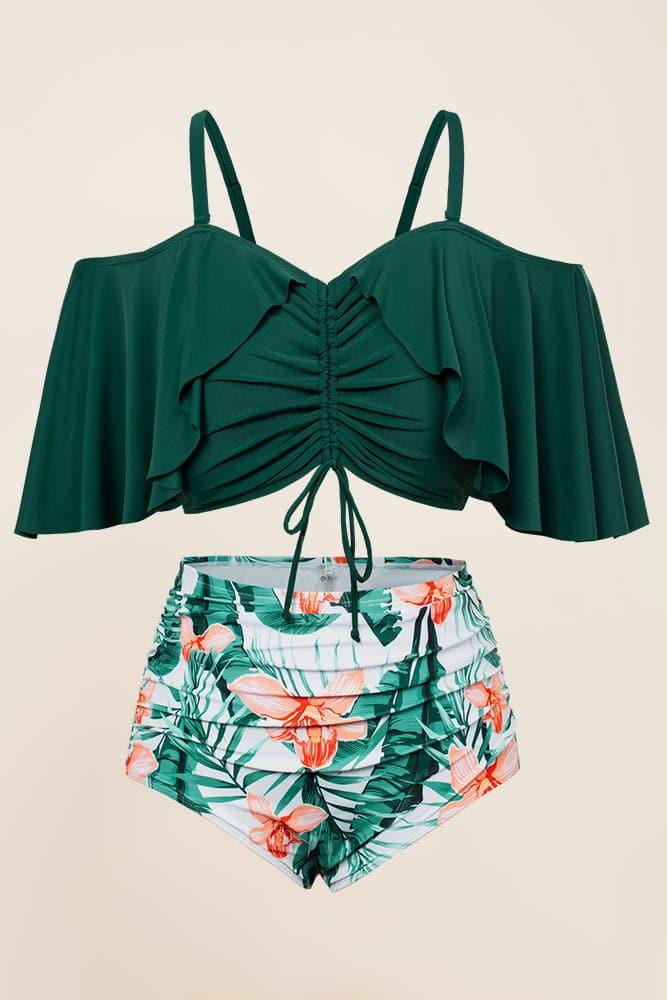 HN Women Plus Size 2pcs Set Swimsuit Padded Swim Tops+High Waist Ruched Briefs - Hanna Nikole#color_white-background-printing