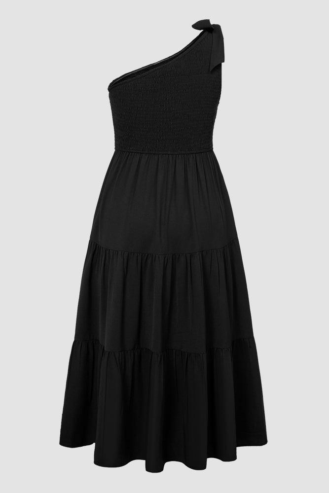 Women Plus Size Elastic Waist Midi Dress One-Shoulder A-Line Dress - Hanna Nikole#color_black