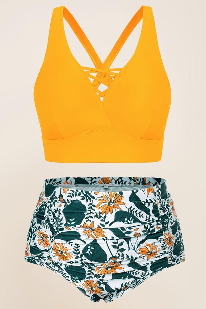 HN Women Plus Size 2pcs Set Swimsuit Cross Back Padded Tops+Ruched Briefs - Hanna Nikole