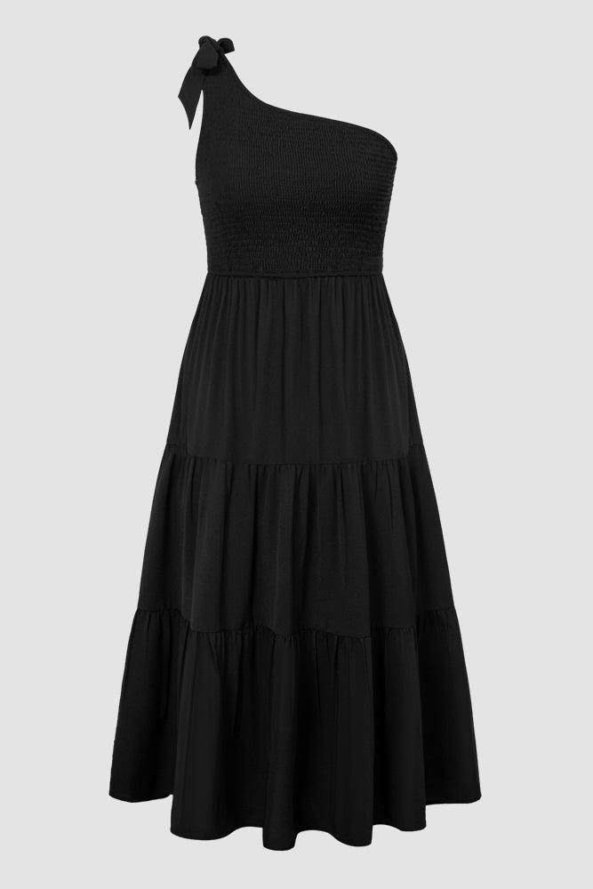 Women Plus Size Elastic Waist Midi Dress One-Shoulder A-Line Dress - Hanna Nikole#color_black