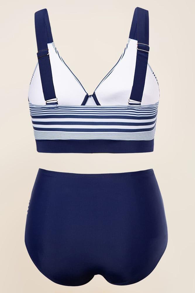 HN Women Plus Size 2pcs Set Swimsuit Cross Over Padded Tops+High Waist Briefs - Hanna Nikole#color_navy-stripes