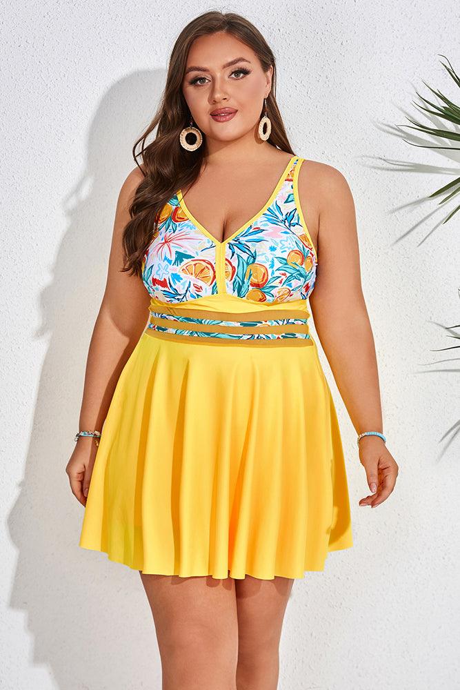 HN Women Plus Size 2pcs Set Swimsuit V-Neck Padded A-Line Tops+Boxer Briefs - Hanna Nikole#color_orange-green-leaves