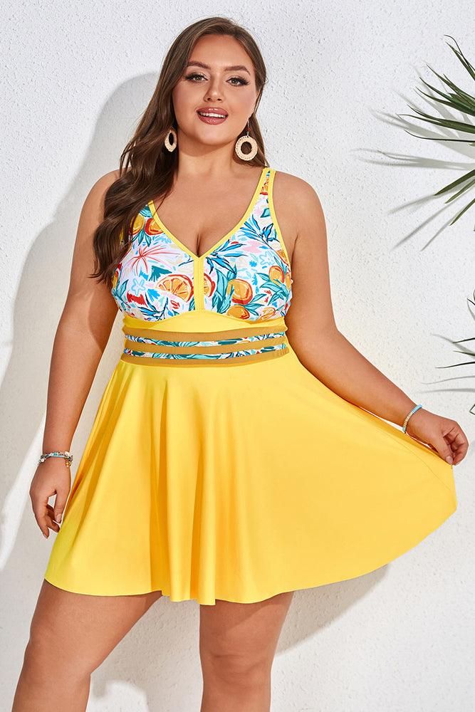 HN Women Plus Size 2pcs Set Swimsuit V-Neck Padded A-Line Tops+Boxer Briefs - Hanna Nikole#color_orange-green-leaves