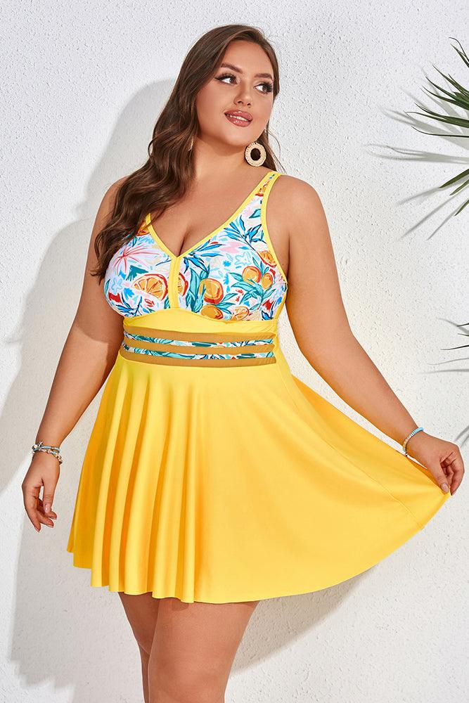 HN Women Plus Size 2pcs Set Swimsuit V-Neck Padded A-Line Tops+Boxer Briefs - Hanna Nikole#color_orange-green-leaves