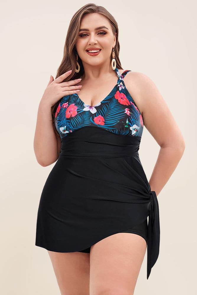 HN Women Plus Size 2pcs Set Irregular Hem Padded Dress+Briefs Swimwear - Hanna Nikole#color_red-black-flowers
