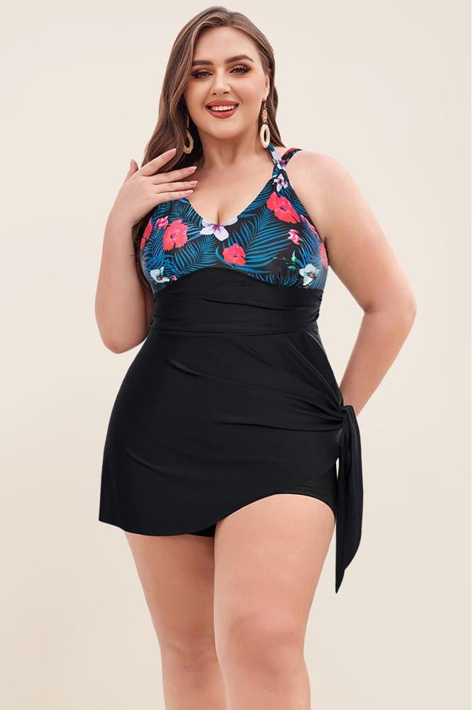HN Women Plus Size 2pcs Set Irregular Hem Padded Dress+Briefs Swimwear - Hanna Nikole#color_red-black-flowers