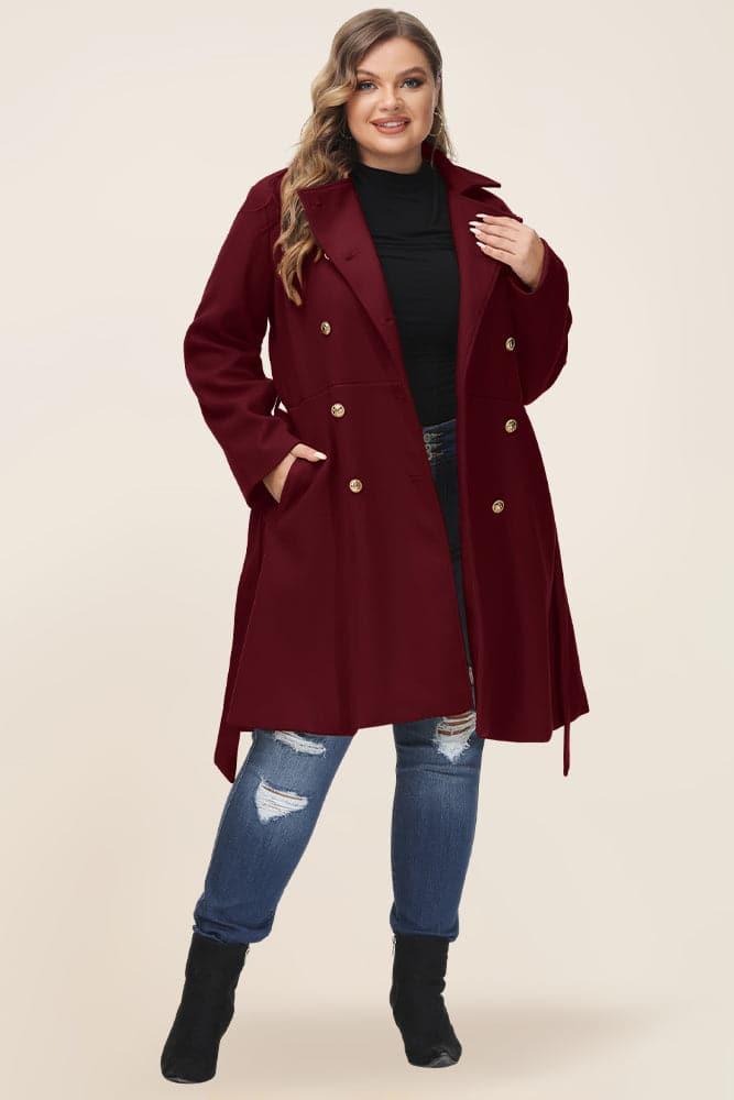 HN Double Breasted Overcoat with Belt Lapel Collar Peacoat - Hanna Nikole