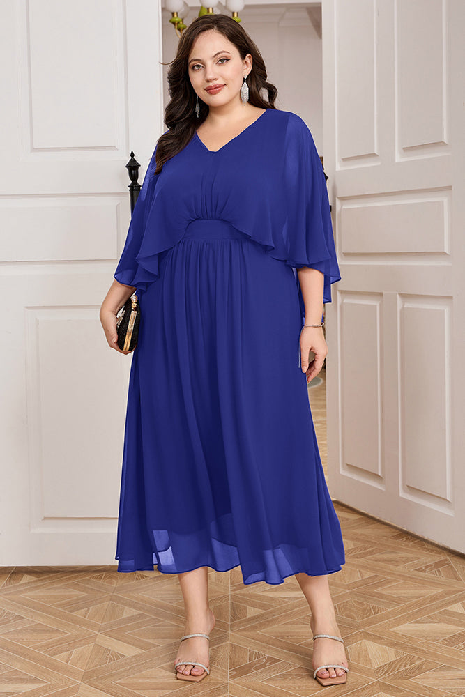 HN Chiffon Party Cape Sleeve V-Neck Defined Waist Dress - Hanna Nikole#color_royal-blue