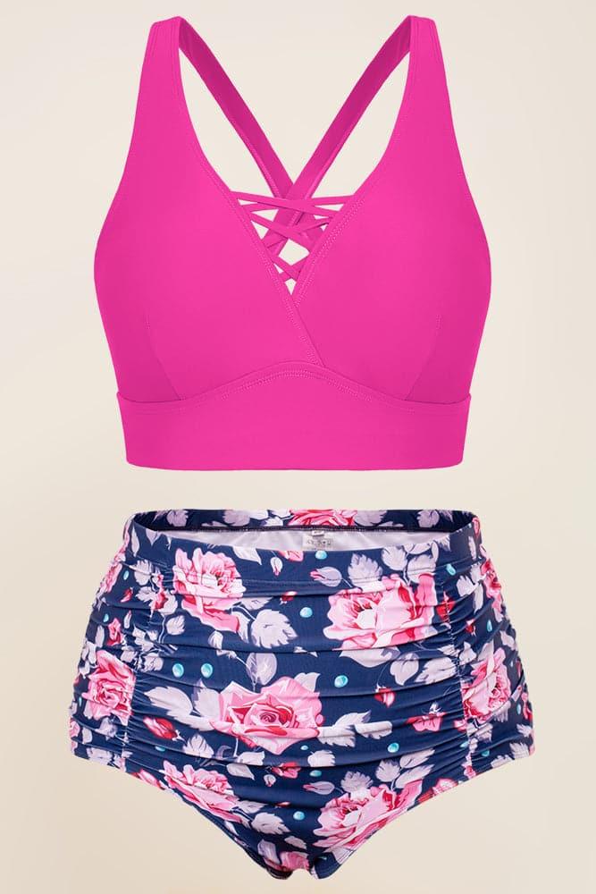 HN Women Plus Size 2pcs Set Swimsuit Cross Back Padded Tops+Ruched Briefs - Hanna Nikole