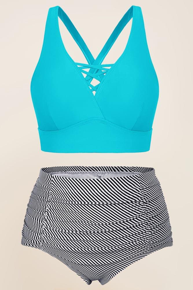 HN Women Plus Size 2pcs Set Swimsuit Cross Back Padded Tops+Ruched Briefs - Hanna Nikole