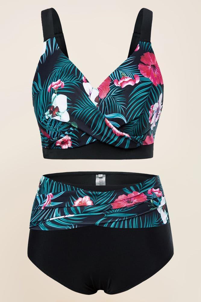 HN Women Plus Size 2pcs Set Swimsuit Cross Over Padded Tops+High Waist Briefs - Hanna Nikole