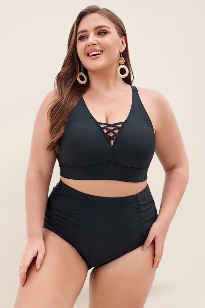HN Women Plus Size 2pcs Set Swimsuit Cross Back Padded Tops+Ruched Briefs - Hanna Nikole