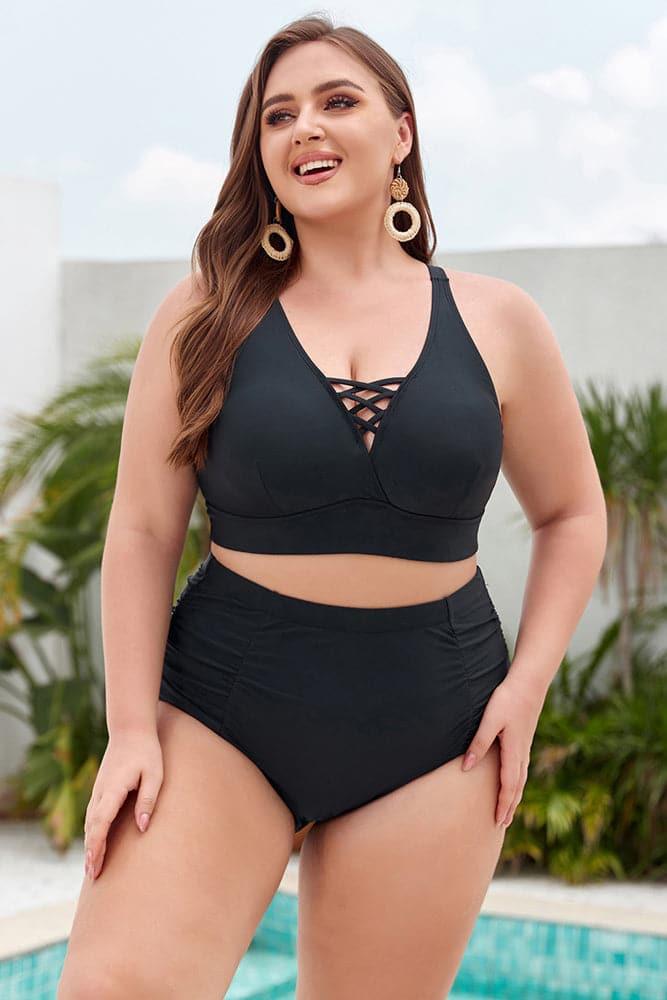 HN Women Plus Size 2pcs Set Swimsuit Cross Back Padded Tops+Ruched Briefs - Hanna Nikole
