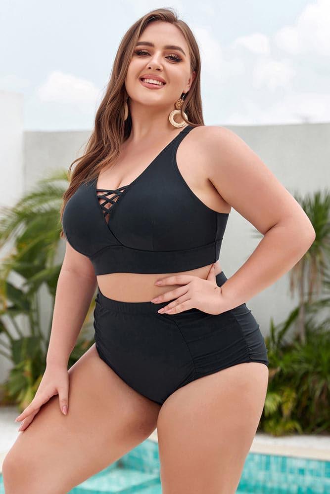HN Women Plus Size 2pcs Set Swimsuit Cross Back Padded Tops+Ruched Briefs - Hanna Nikole