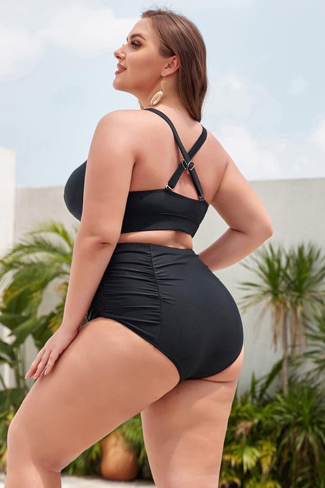 HN Women Plus Size 2pcs Set Swimsuit Cross Back Padded Tops+Ruched Briefs - Hanna Nikole