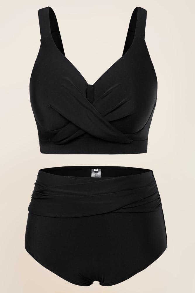 HN Women Plus Size 2pcs Set Swimsuit Cross Over Padded Tops+High Waist Briefs - Hanna Nikole