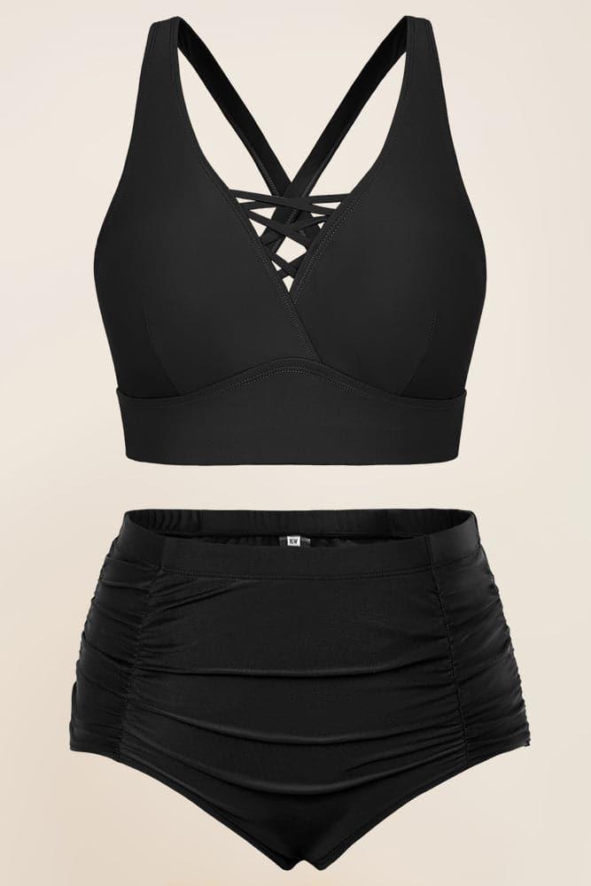 HN Women Plus Size 2pcs Set Swimsuit Cross Back Padded Tops+Ruched Briefs - Hanna Nikole